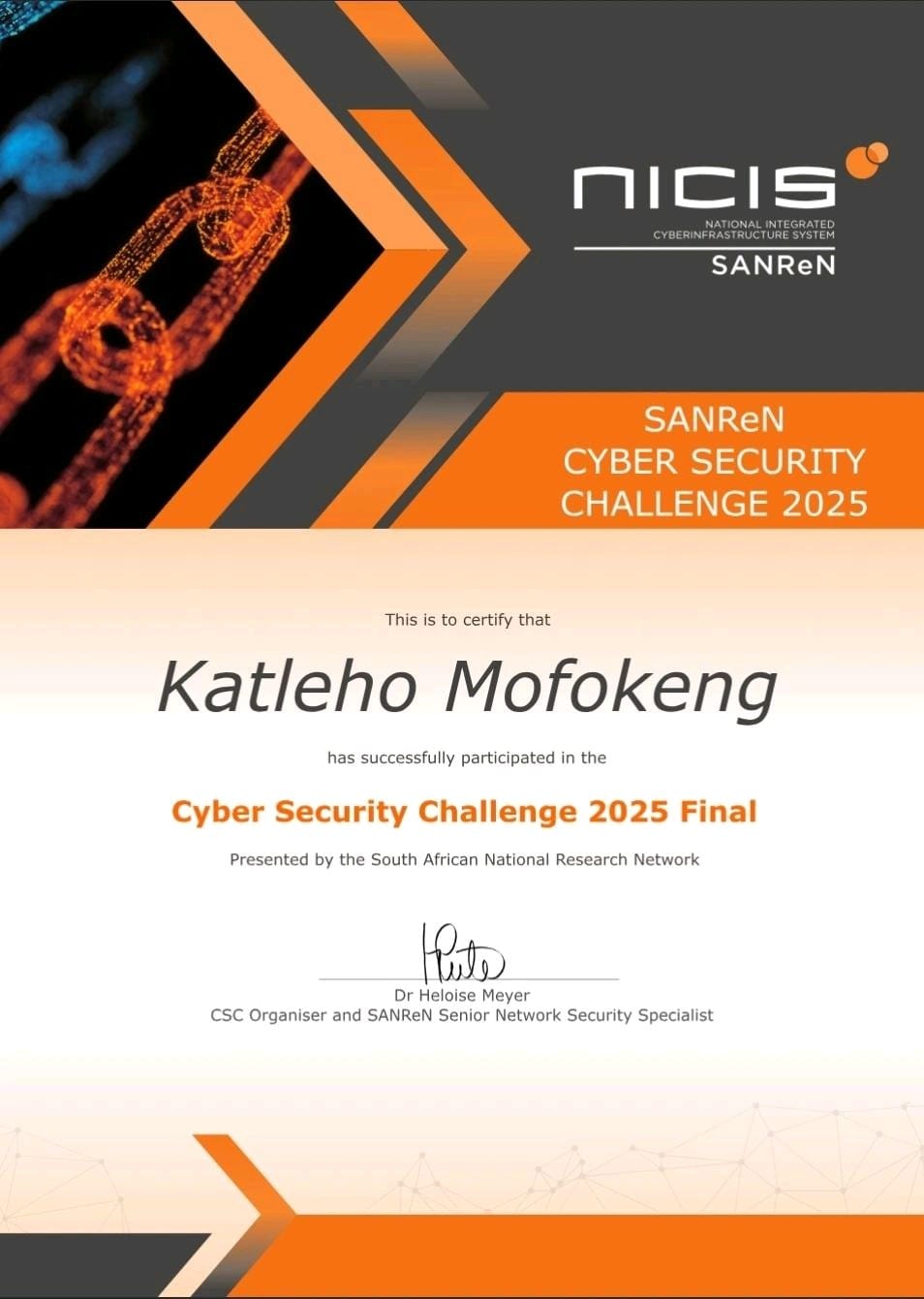 SANReN Cybersecurity Challenge Finals Certificate